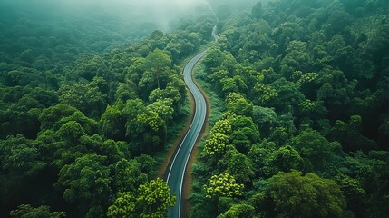 Roadway between big trees from above and accompanied by a foggy environment and a drone overhead view, Generative AI.