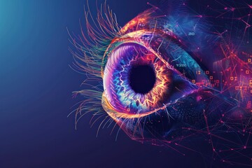 Abstract digital eye surrounded by interconnected lines and dots on computer screen