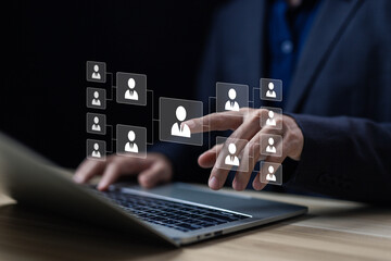 HR, human resource manager, and company service to recruit customers and hire. concept of recruitment process managing people and business on technology digital, network links worldwide