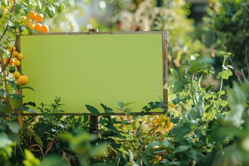 Green Sign in Garden with Oranges and Lemons in Background on Sunny Day