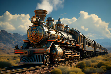 Steam locomotive in the desert. 3D illustration. Retro style.