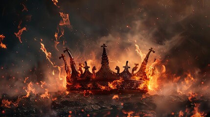 fire and flames with smoke and embers on kings crown medieval royalty concept illustration - obrazy, fototapety, plakaty