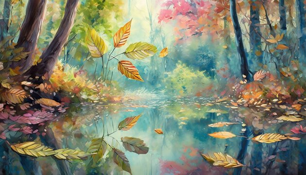 A vivd, intricately detailed pastel depiction of leaves falling on to the mirrored surface of a serene pond in the middle of a magnificent forest :: hyper detailed, intricately detailed pastel illustr