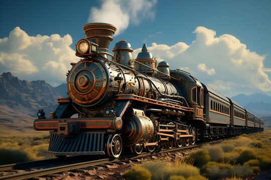 Steam locomotive in the desert. 3D illustration. Retro style.