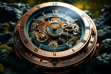 Time concept. Close up of vintage watch mechanism. 3D rendering