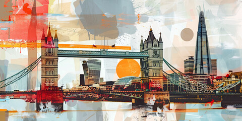 London Bridge England UK collage style illustration. - obrazy, fototapety, plakaty