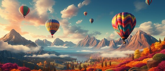 Enchanting 3D scene of a hot air balloon made of patchwork wool scarves, soaring over a dreamlike landscape  Color Grading Complementary Color - obrazy, fototapety, plakaty