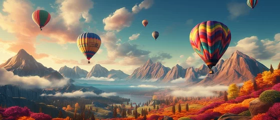 Schilderijen op glas Enchanting 3D scene of a hot air balloon made of patchwork wool scarves, soaring over a dreamlike landscape  Color Grading Complementary Color © Leninya