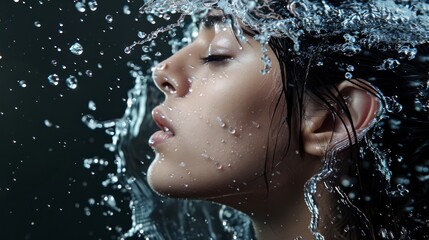 Fototapeta premium Refreshing splash on female's profile, suggesting skincare and hydration.