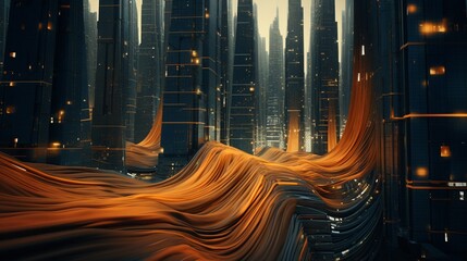 Futuristic 3D cityscape with buildings connected by bridges of wool scarves, blending tradition with modernity  Color Grading Teal and Orange - obrazy, fototapety, plakaty