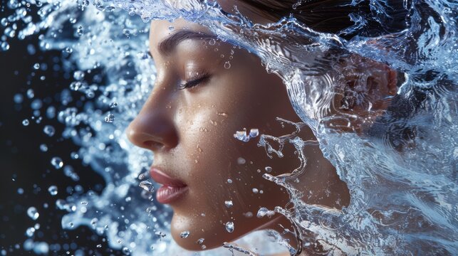 Crystal clear water surrounding woman's face, symbolizing purity and refreshment.