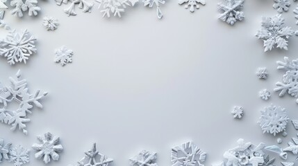 Fototapeta na wymiar Snowy blue snowflakes border with central blank space, seasonal graphic.