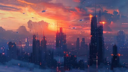 futuristic cityscape with towering skyscrapers flying vehicles and a sunset sky digital painting illustration - obrazy, fototapety, plakaty