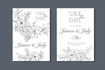 Fototapeta na wymiar Line Art Wildflowers Wedding Invitation template, Outline Wildflowers Minimalist Wedding Stationery