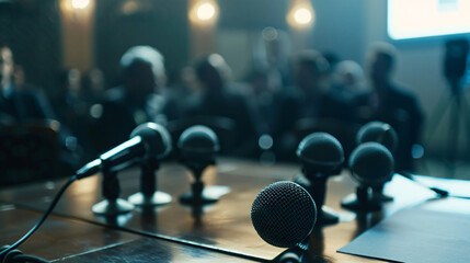 Microphones on a table during press-conferen