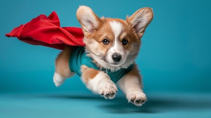 Adorable puppy in superhero costume gazing into distance on pastel background with copy space