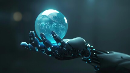 futuristic cyborg hand holding glowing blue orb science fiction 3d illustration
