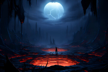 Fantasy scene with a man standing in the middle of a dark cave - obrazy, fototapety, plakaty