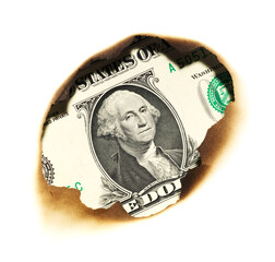burnt savings concept background. one us dollar paper in hole - 785410274