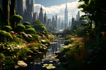 Fantasy landscape with pond and city in the style of fantasy. - obrazy, fototapety, plakaty