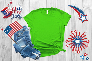 4th of july Green shirt Mockup with usa flag for mockup design, fourth july celebration, 4th of July USA Independence Day, Celebration memorial day in America.