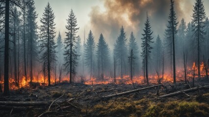 Forest on fire, wildfire. Generative AI - obrazy, fototapety, plakaty