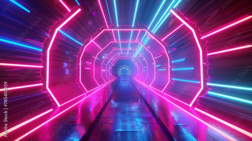 Poster futuristic neon lights speed tunnel background with glowing lines and shapes abstract 3d illustratio