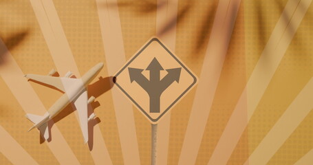 Image of road sign with arrows and lines over plane