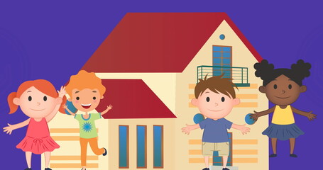 Image of happy diverse children jumping over house - obrazy, fototapety, plakaty