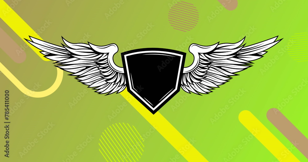 Poster image of shield with wings and copy space and neon lines moving over green background