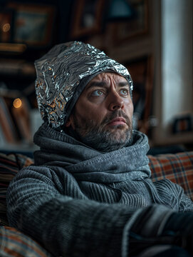 middle aged man wearing tin foil hat, conspiracy lover, protect himself from electromagnetic fields	