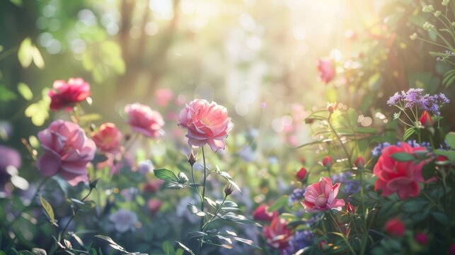 Sunlit garden with pink roses and mixed flowers.