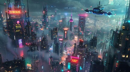 futuristic scifi cityscape with towering skyscrapers flying vehicles and neon lights under dramatic night sky digital art - obrazy, fototapety, plakaty