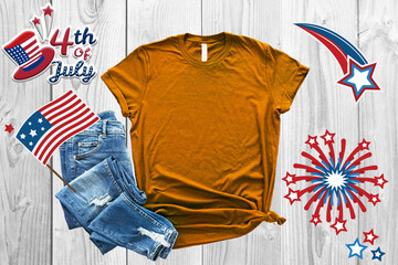 4th of july Brown shirt Mockup with usa flag for mockup design, fourth july celebration, 4th of July USA Independence Day, Celebration memorial day in America.