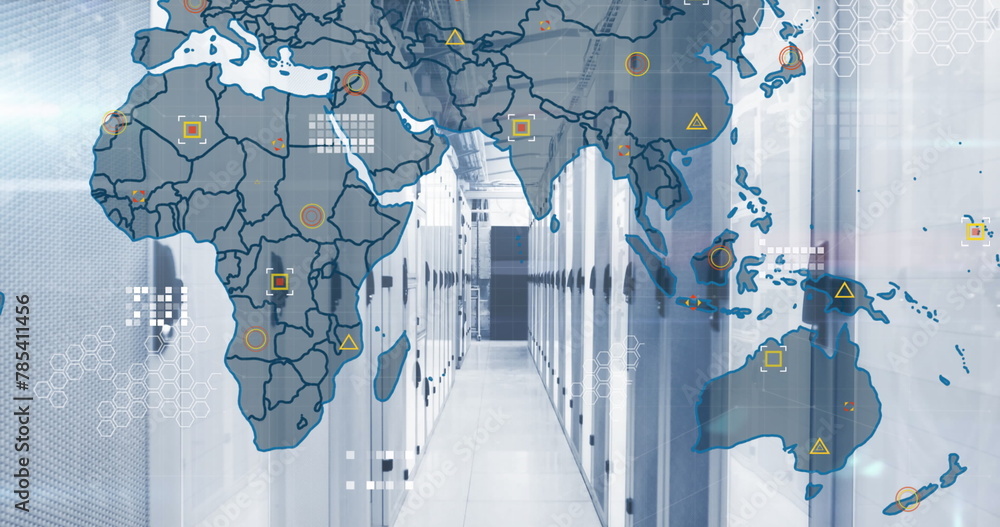 Poster image of circuit board pattern and map over server room in background