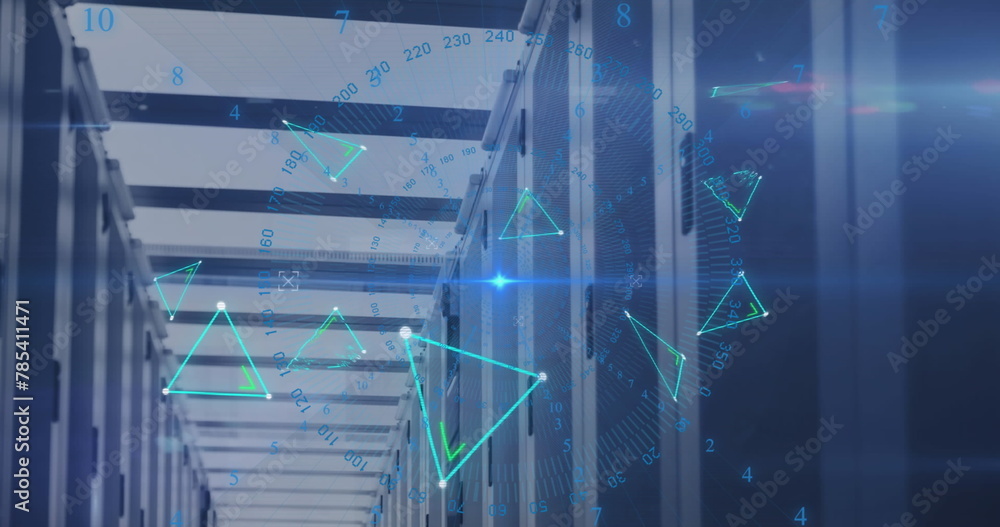 Poster image of triangles, numbers around circles and computer language over server room