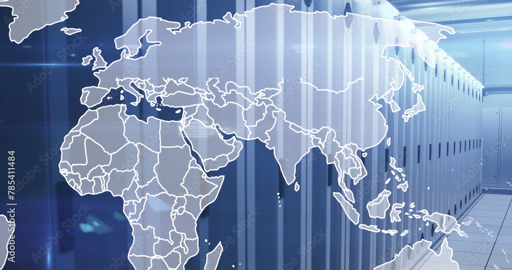 Poster image of map, computer language and lens flares over server room in background