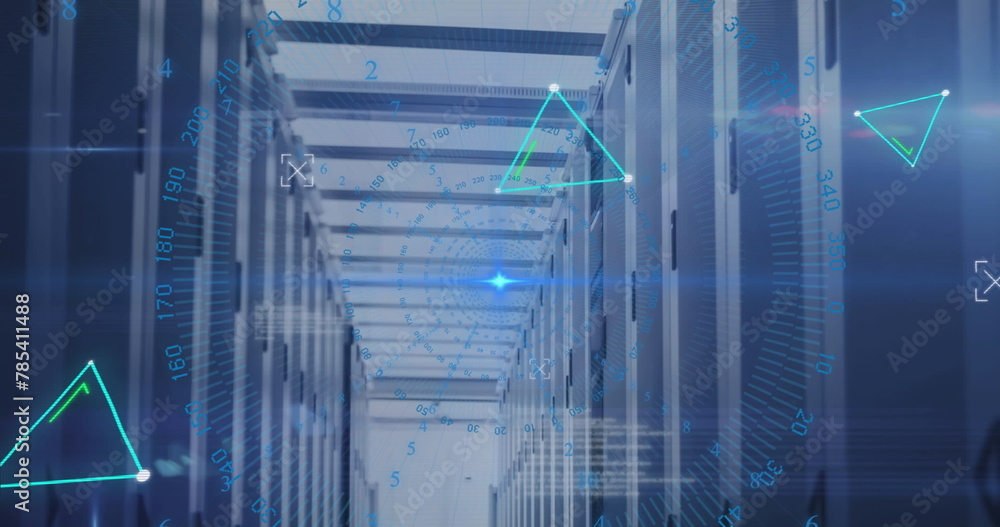 Aufkleber image of triangles, numbers around circles and computer language over server room
