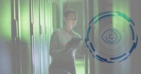 Image of retina round scanner over caucasian female engineer using digital tablet at server room
