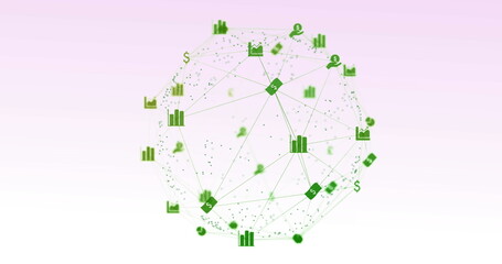 Image of network of digital icons over spinning globe against pink gradient background