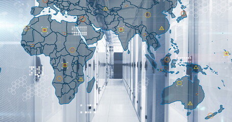 Image of circuit board pattern and map over server room in background