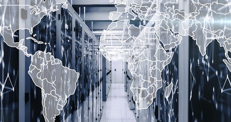 Image of map and connected dots on server racks in server room