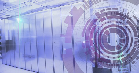 Image of lens flares and loading circles over server racks in server room