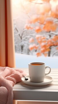A 3D render of a peaceful morning scene with a cup of coffee and a wool scarf gently wrapped around it  Color Grading Complementary Color
