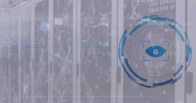 Image of retina over round scanner and network of connections against computer server room