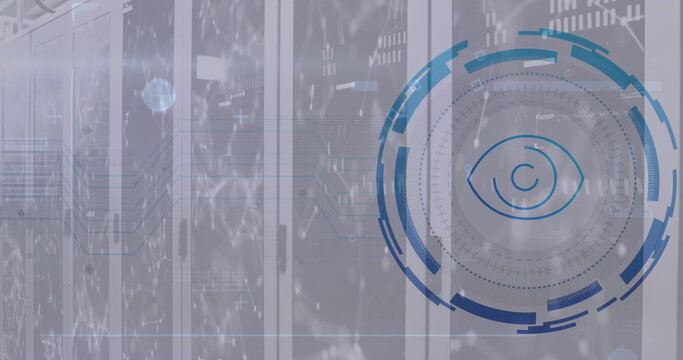 Image of eye retina scanner and network of connections against computer server room
