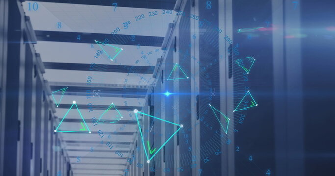 Image of triangles, numbers around circles and computer language over server room