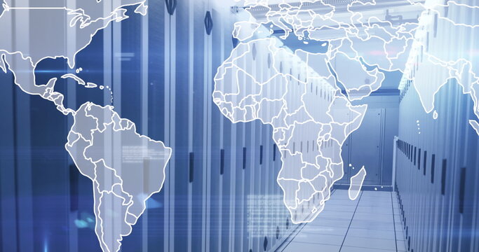 Image of map, computer language and lens flares over server room in background