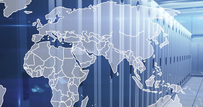 Image of map, computer language and lens flares over server room in background