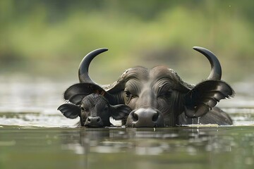 Serene Water Buffalo with Calf in Natural Habitat. Peaceful Wildlife Scene. Close-Up, Outdoor Photography. Generative AI